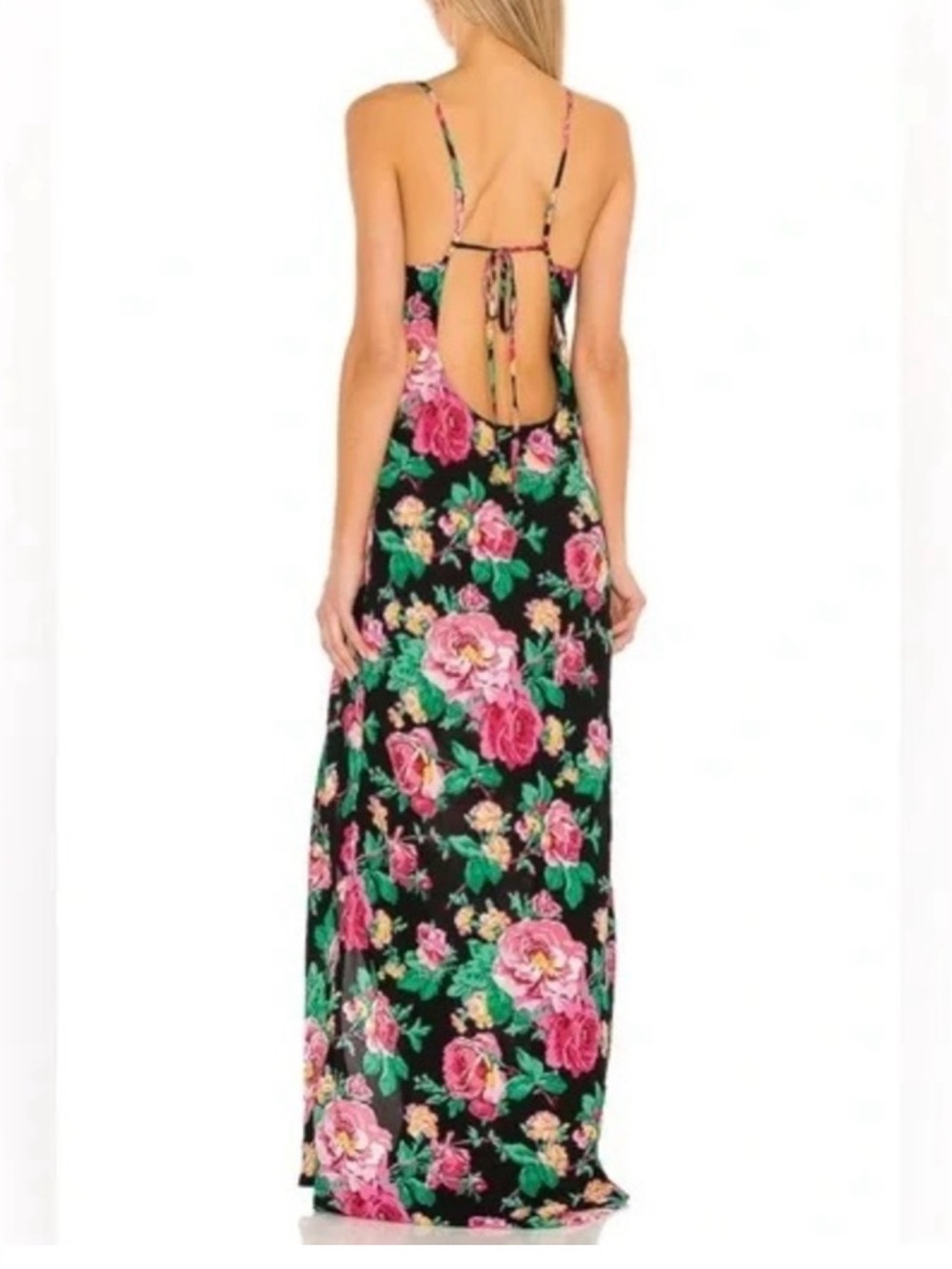 For Love & Lemons Becca Black Floral Maxi Slip Dress with Pink Roses - Picture 2 of 7